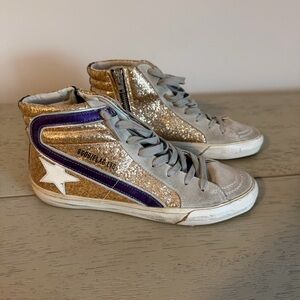 Golden Goose Size 36 Hi Top Slide Glitter Gold Sneakers Purple